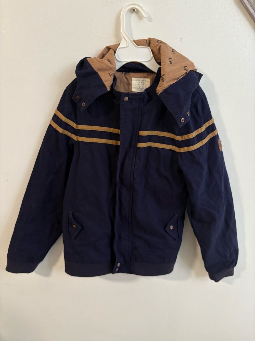 LP apparel Kids Navy Hooded Jacket with Tan Stripes 8-10 years
